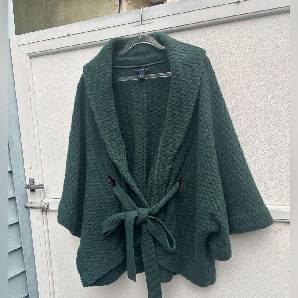 Lands End Sweater Jacket Quilted Lambs Wool Blend Women L-XL Green Belted Cozy - Picture 7 of 10